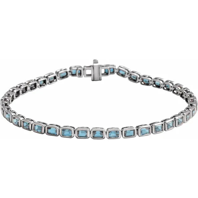 14K White Natural Sky Blue Topaz Line 7" Bracelet