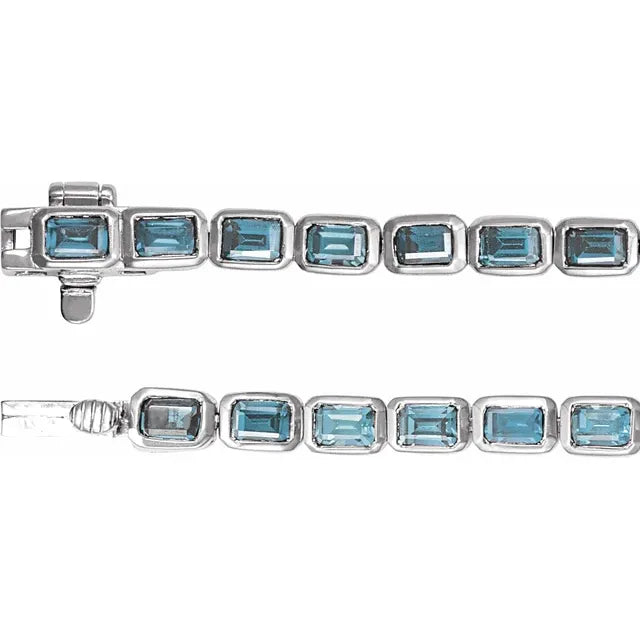 14K White Natural Sky Blue Topaz Line 7" Bracelet