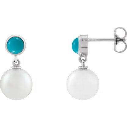 14K White Cultured White Freshwater Pearl & Natural Turquoise Cabochon Earrings