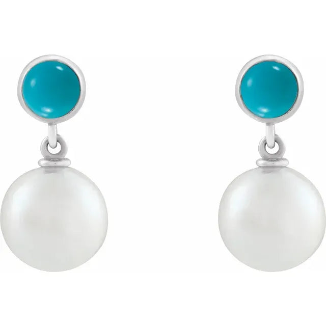 14K White Cultured White Freshwater Pearl & Natural Turquoise Cabochon Earrings