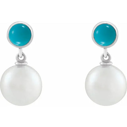 14K White Cultured White Freshwater Pearl & Natural Turquoise Cabochon Earrings