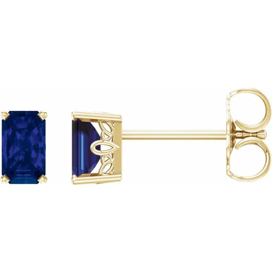 14K Yellow Emerald Cut  Lab-Grown Blue Sapphire Earrings